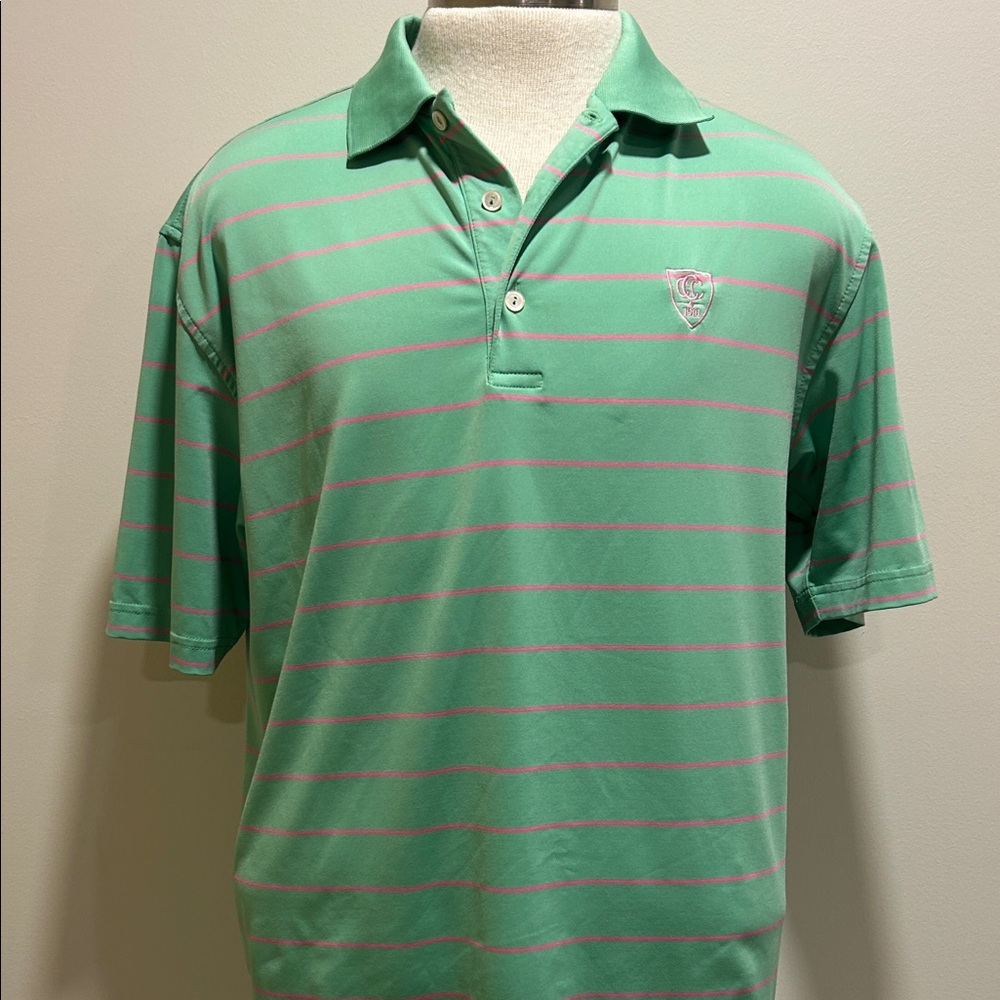 Peter Millar Mint Green Polo Shirt with Pink Stripes